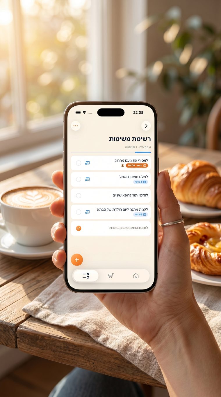 יד מחזיקה טלפון עם רשימת המשימות של הומלי ליד קפה